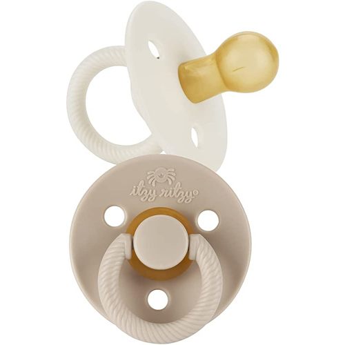 Itzy Ritzy Natural Rubber Newborn Pacifiers (Set of 2) – Baby Pacifiers with Cherry-Shaped Nipple & Large Air Holes for Added Safety; Set of 2 Binkies in Coconut & Toast (Ages 0 – 6 Months)