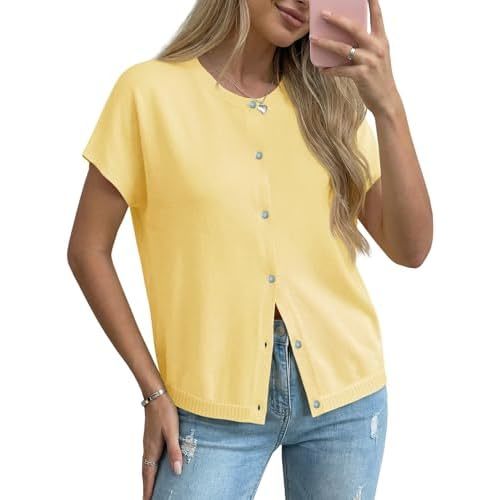 Saodimallsu Womens Oversized Cardigans Summer Short Sleeve Lightweight Knit Button Down Crew Neck Casual Sweater Tops