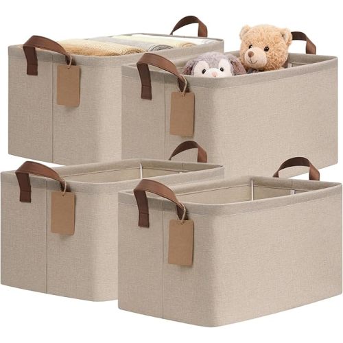 CHICVITA 4 Pack Large Storage Baskets for Shelves, Collapsible Towels Organizer Bins with Metal Frame, Closet Organizers and Storage Basket for Toys, Blankets, 16.8" x 11" x 9.8", Brown