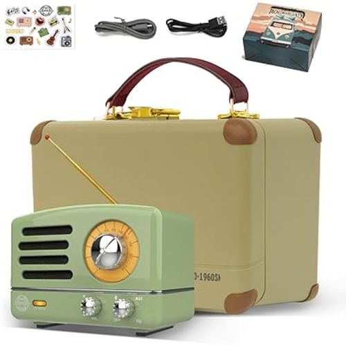 Muzen Portable Bluetooth Speaker, OTR Metal Vintage Small Wireless Speaker, FM Retro Radio with Antenna AUX, High Fidelity Stereo Audio with Suitcase, for Gift Home Outdoor