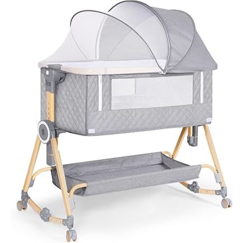 Baby Bassinet 5 in 1,Baby Bedside Bassinet with Diaper Table, Mosquito Net, Mattress, Storage Layer, Can Be Stored in One Button Travel Crib (Gray)