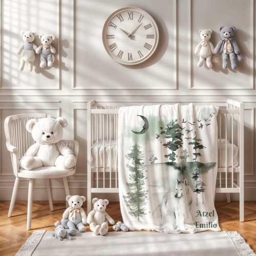 Personalized Wolf Baby Blanket: Green Woodland Nursery Decor