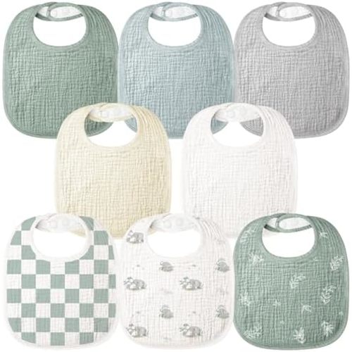Bearmoss Baby Bibs for Drooling and teething 100% Cotton Muslin Bibs for Baby Boy & Girl,Adjustable, Ultra Absorbent,8 Pack