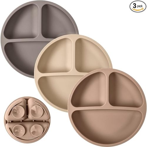 WeeSprout Suction Plates for Babies & Toddlers - 100% Silicone, Dinnerware Stays Put, Divided Design for Picky Eaters, Microwave & Dishwasher Friendly, 3 Pack