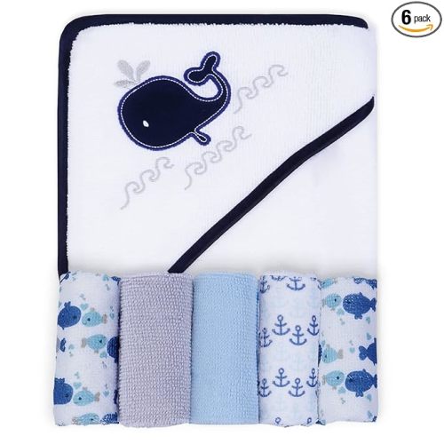 Viviland Baby Towels and Washcloths, Soft Absorbent Baby Boy Bath Towel Set, Whale Hooded Towels with 5 Infant Washcloths (6 Pieces)