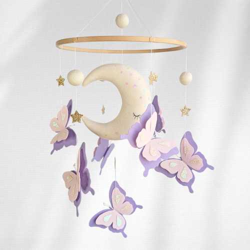 Moon and Butterfly Baby Mobile: Girl Cottage Nursery, Hanging Crib Decor