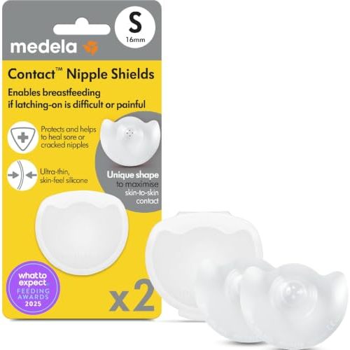 Medela Contact Nipple Shields, For Breastfeeding Comfort, Size S 16mm, 2ct | Ultra-Thin Soft Silicone, BPA-Free, With Case | For Flat, Inverted, Sensitive Nipples | Latch Support, Maximum Skin-to-Skin