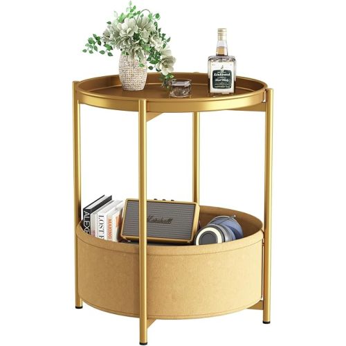 Garden 4 you Side Table with Fabric Storage Basket, Round Metal End Table, Small Bedside Table Nightstand with Removable Tray, for Nursery, Living Room, Bedroom, Bathroom, Gold