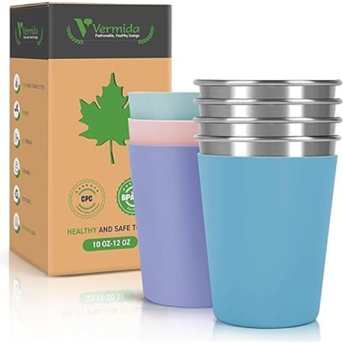 Stainless Steel Cups for Kids and Toddlers, 12oz Stackable Stainless Steel Kids Cups with Silicone Sleeves Sweat Proof, Unbreakable Metal Cups for Home & Outdoor Activities, BPA Free (4 Pack)