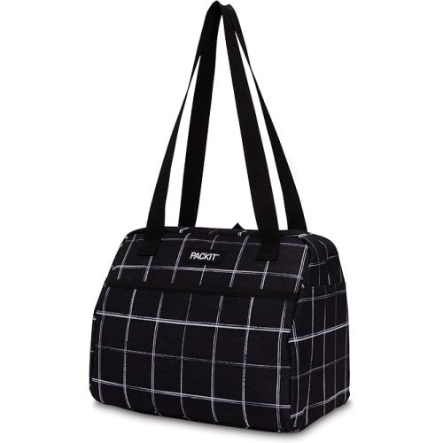 PackIt Freezable Hampton Lunch Bag, Black Grid, Built with EcoFreeze Technology, Collapsible, Reusable, Zip Closure with Front Pocket and Shoulder Straps, Perfect for Tweens and Adults