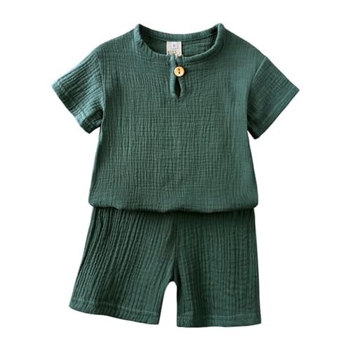 Baby Boys Summer Outfits 2 Piece Linen Cotton Short Sleeve Shirt and Elastic Waist Shorts Set Solid Color