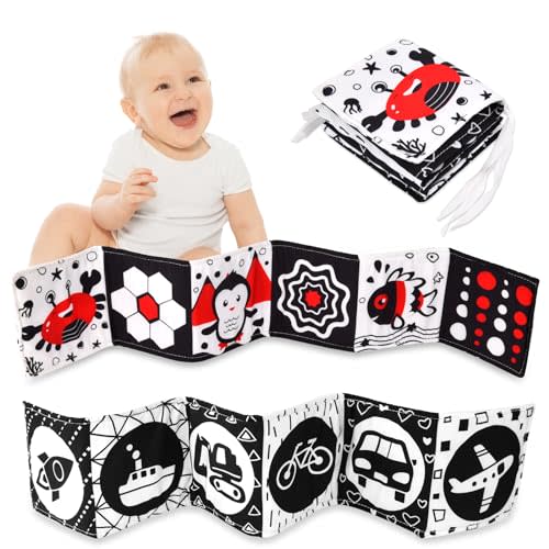 Vicloon Black and White Baby Toys, High Contrast Baby Book for Newborn 0-3 3-6 Months, Infant Tummy Time Toys, Early Education Sensory Toys, Visual Stimulation Folding Cloth Book for Boys Girls