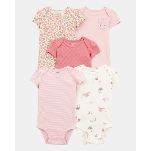 Baby Girl 5-Pack Floral Bunny Short-Sleeve Cotton Bodysuits - Pink