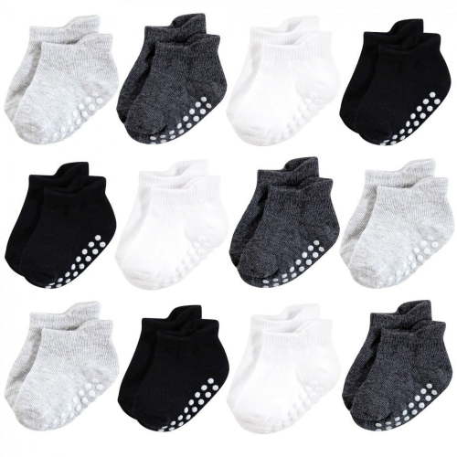 Hudson Baby Infant Boy Non-Skid No-Show Socks, Black White, 12-24 Months
