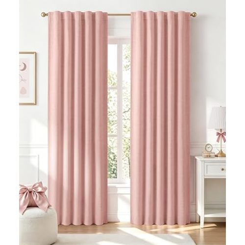 INOVADAY 100% Blackout Linen Curtains for Bedroom 50x84 Inches Blush Pink