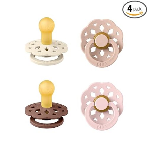 BIBS Boheme Round Nipple Pacifier Set for 0–6 Months | BPA-Free Natural Rubber Latex Soothers | Infant Comfort Teats | 4-Pack | Made in Denmark | Blush Mix