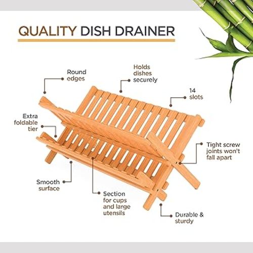 Dish Drying Rack - Collapsible Bamboo 2 Tier Foldable Wooden Dish Drainer for Countertop, Plates Cups Bowls Utensils, Eco Friendly Folding Bamboo Dish Rack for Kitchen Home Apartment RV - by Bambusi