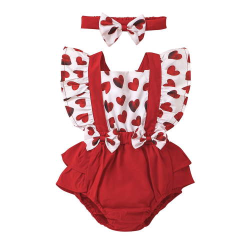 Bagilaanoe Newborn Baby Girl Valentine's Day Rompers Heart Print Fly Sleeve Bodysuit + Hairband 3M 6M 9M 12M 18M Infant Patchwork One Piece Jumpsuit
