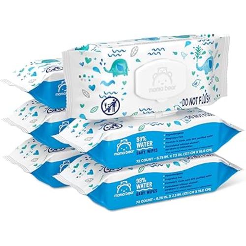 Amazon Brand - Mama Bear 99% Water Based Baby Wipes, Hypoallergenic for Sensitive Skin, Formulated without Fragrance, 432 Count (6 Packs of 72)