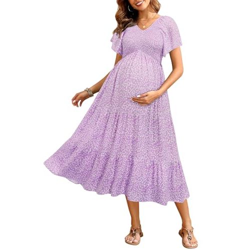 Pinup Fashion Maternity Summer Dress Baby Shower Easter Pregnancy A-Line | Smocked V-neck, flutter sleeves, breathable floral fabric, bump friendly, perfect for photoshoot, spring casual,postpartum