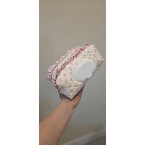 Pink Bow + Gingham Diaper and Wipe Pouch with Ruffles