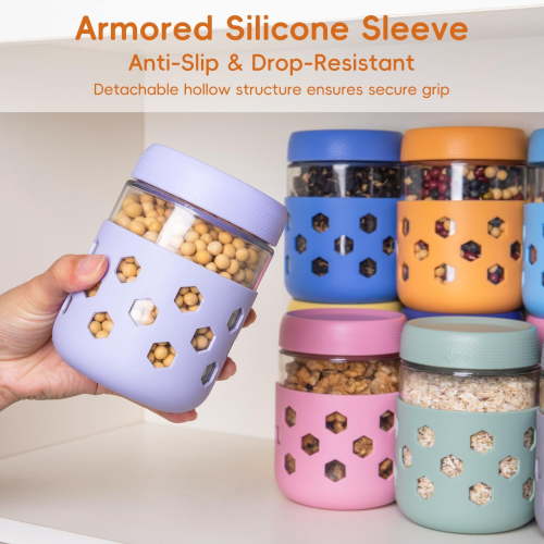6-Pack 16oz Glass Mason Jars with Silicone Sleeves, Airtight BPA-Free Overnight Oats Containers with Lids, Dishwasher Safe Leak-Proof Meal Prep Jars for Chia Pudding, Yogurt, Snacks