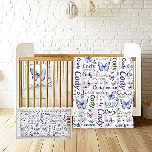Personalized Purple Butterfly Baby Crib Bedding Set – Custom Name 3 Piece Nursery Set for Girls with Soft Blanket, Fitted Crib Sheet & Pillowcase – Custom Name Infant Toddler Bedding Gift