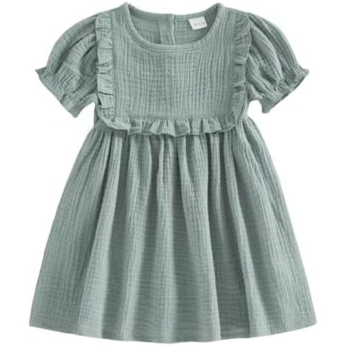 Kupretty Toddler Girl Dress Baby Summer Clothes Linen Ruffle Puff Short Sleeve A-line Boho Dresses Princess Beach Dress