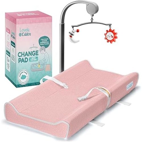 Changing Pad - Foam Contoured Baby Changing Pad for Dresser, Waterproof Diaper Changing Table Pad, Includes Soft, Removable & Washable Non-Slip Cover, Bonus Portable Toy Bar with Music Mode Included