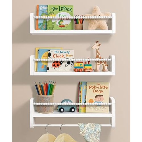 Nursery Book Shelves for Wall Set of 3, White Natural Wood Bookshelf Wall Decor, Small Floating Shelf Organizer for Kids Room, Bedroom, Kitchen Spice Rack