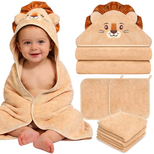 4 Pcs Baby Towels and Washcloths Set, Soft Baby Bath Towels Set(Brown Lion) | 1PC Animal Hooded Baby Bath Towels, 3PCS Baby Washcloths, Ultra Absorbent Baby Towels, Baby Bath Essentials for Boy & Girl