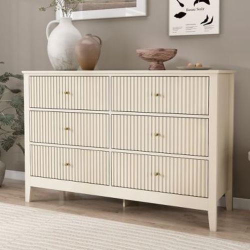 6 Drawers Dresser, Fluted Chest of Drawers with Storage, Modern Wood Wide Storage Dresser with Paint Design