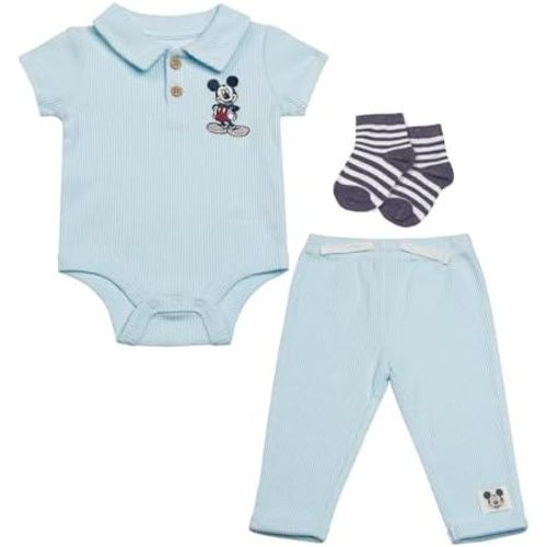 Disney Baby Boys 3-Piece Rib Pant Set – Polo Bodysuit, Jogger Pants & Socks – Mickey, Winnie the Pooh & Dumbo – Sizes (0-9M)
