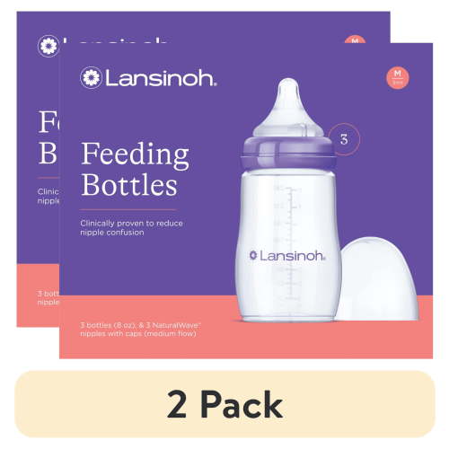 (2 pack) Lansinoh Anti-Colic Baby Bottle for Breastfeeding Baby, Baby Formula Feeding, 8oz, 3pk, Medium Flow Nipples, Size M