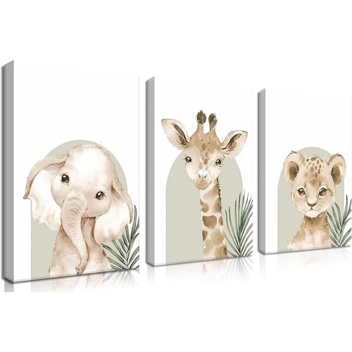 Nursery Wall Decor Set of 3, Cute Animal Lion Elephant Baby Pictures Poster Prints, Giraffe Jungle Canvas Wall Art Woodland Nursery Decor for Boys Girls Room Decoration 12x16 inch Framed