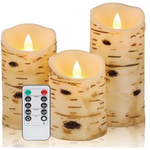 Comenzar Flameless Candles Birch Bark Texture, Flickering Flame Battery Operated LED Candles, Electric Plastic Candles with Remote Timer for Home Decor, Rustic Wedding Centerpiece, Gift Set of 3