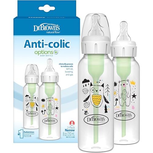 Dr. Brown's Natural Flow Anti-Colic Options+ Narrow Baby Bottle, Bear and Owl, 8 oz/250 mL, with Level 1 Slow Flow Nipple, BPA Free, 0m+, 2-Pack