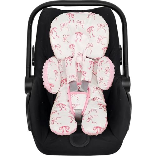 Infant Car Seat Insert for Newborn Girls, Extra Thick & Soft Minky Preemie Car Seat Head Body Support Cushion with Strap Pads, Perfect for Stroller, Baby Swing, Bouncer, 2-in-1 Reversible, Pink Bow