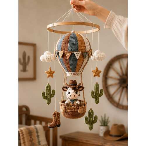 Crochet Cowboy Baby Mobile, Hot Air Balloon Crib Mobile with Cow Cactus Boots, Western Nursery Decor, Baby Shower Gift