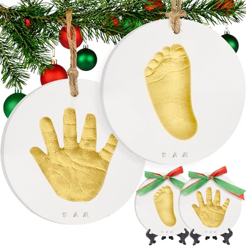 Baby Hand and Footprint Kit Girls, Boys - Personalized Baby’s First Christmas Ornament Kit, Newborn Christmas Gifts for New Mom, Cute Shower Gifts, Easy to Use Handprint Ornaments(Gold Paint, Cherish)