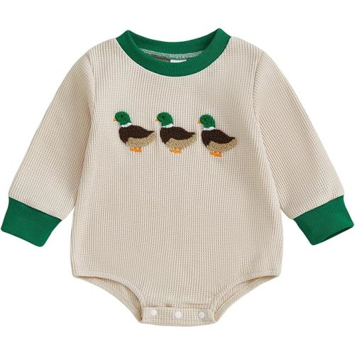 Infant Long Sleeve Bubble Romper Baby Boy Fall Winter Outfits Newborn Waffle Knit Embroidery Bodysuit Clothes