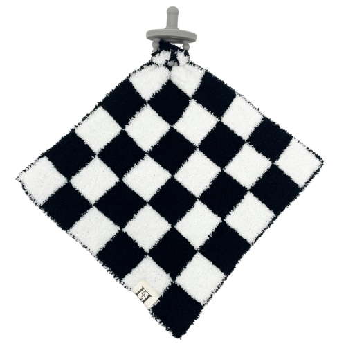 Leaps + Legends Checkered Baby Lovey Pacifier Holder 10"x10" - Cuddly Soft Knitted Soothie Reversible Mini Comfort Blanket - Newborn Gift Essential for Babies Boys and Girls Black/White