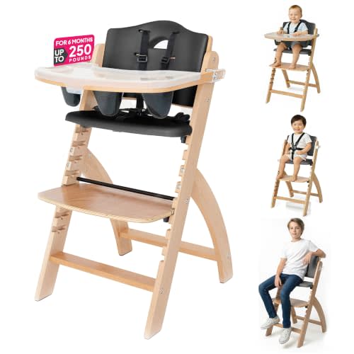 Abiie Beyond Junior Convertible Wooden High Chair with Removable Tray - Natural Black | 3-in-1 Adjustable Highchair for Babies & Toddlers, Fits 6 Mos to 250 lbs, Water-Resistant, Natural Wood w/ Black Cushion