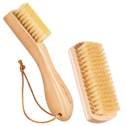 BFWood Laundry Stain Brush - Natural Soft Boar Bristle for Scrubbing Out Tough Stains on Delicate Fabrics, Knits, Cotton, Linens, No Damage (Set-2PCS)