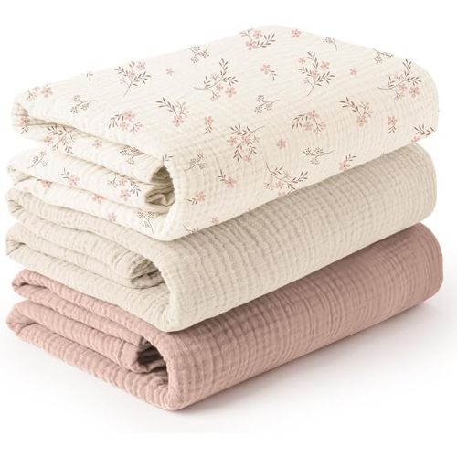 Konssy 3 Pack Muslin Swaddle Blankets for Unisex, Newborn Receiving Blanket, Large 47 x 47 inches, Soft Breathable Muslin Baby Swaddles for Boys & Girls