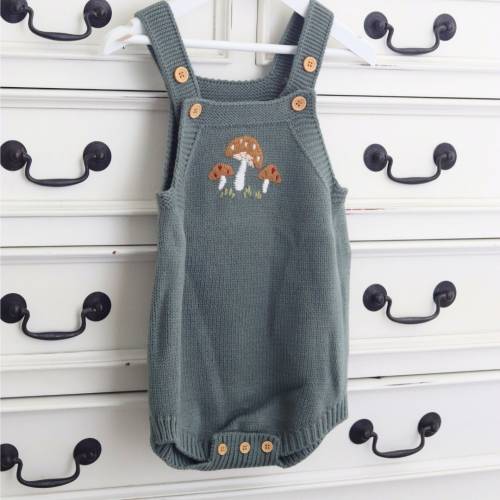 Baby knit dungarees with mushroom embroidery, boho baby outfit, soft knit baby clothes, mushroom embroidered dungarees, embroidered romper