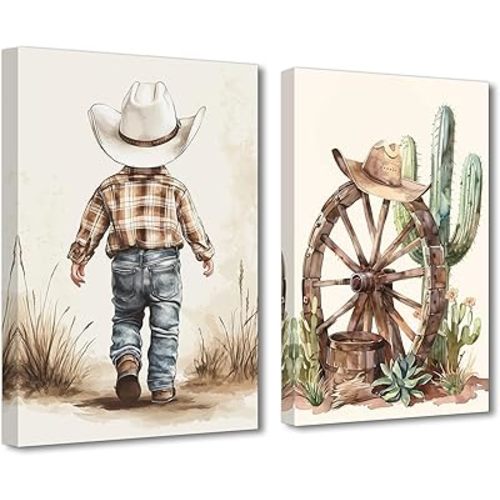 PBXBJY Western Cowboy Wall Art Nursery Decor Set of 2 Cactus Canvas Prints Desert Painting Cowboy Kid Poster Vintage Southwest Farmhouse Wall Decor (12.00" x 16.00" x 2PCS)