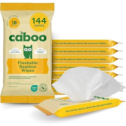 Caboo Tree Free Flushable Wipes, Travel Wipe, Certified Flushable, Septic Safe, Biodegradable Wipe for Adults, Pack of 8, Total of 144 Travel Toilet Wipes