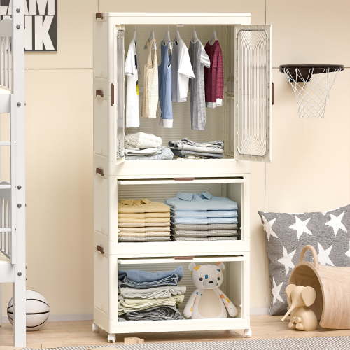 Portable Wardrobe Closet Storage Organizer for Clothes,Clothes Dresser, Magnetic Doors with 4 Cubes & Hanging Rod,10 pcs hangers , Baby Wardrobe Storage Cabinet,White