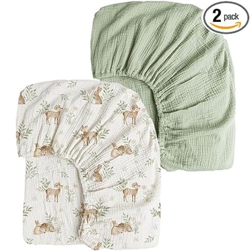 Konssy 2 Pack Muslin Crib Sheets for Standard Crib Mattress, 52" x 28" | 100% Cotton, Soft & Breathable, 360° Elastic Snug Fit, Solid & Printed Designs for Baby Girls & Boys (Woodland,Sage)